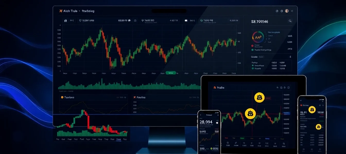Aicoin platform's real-time crypto trading dashboard with detailed charts and alerts, highlighting its security features and multi-device support for traders.