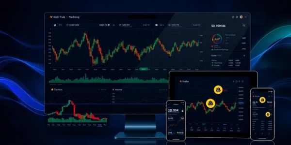 Aicoin platform's real-time crypto trading dashboard with detailed charts and alerts, highlighting its security features and multi-device support for traders.