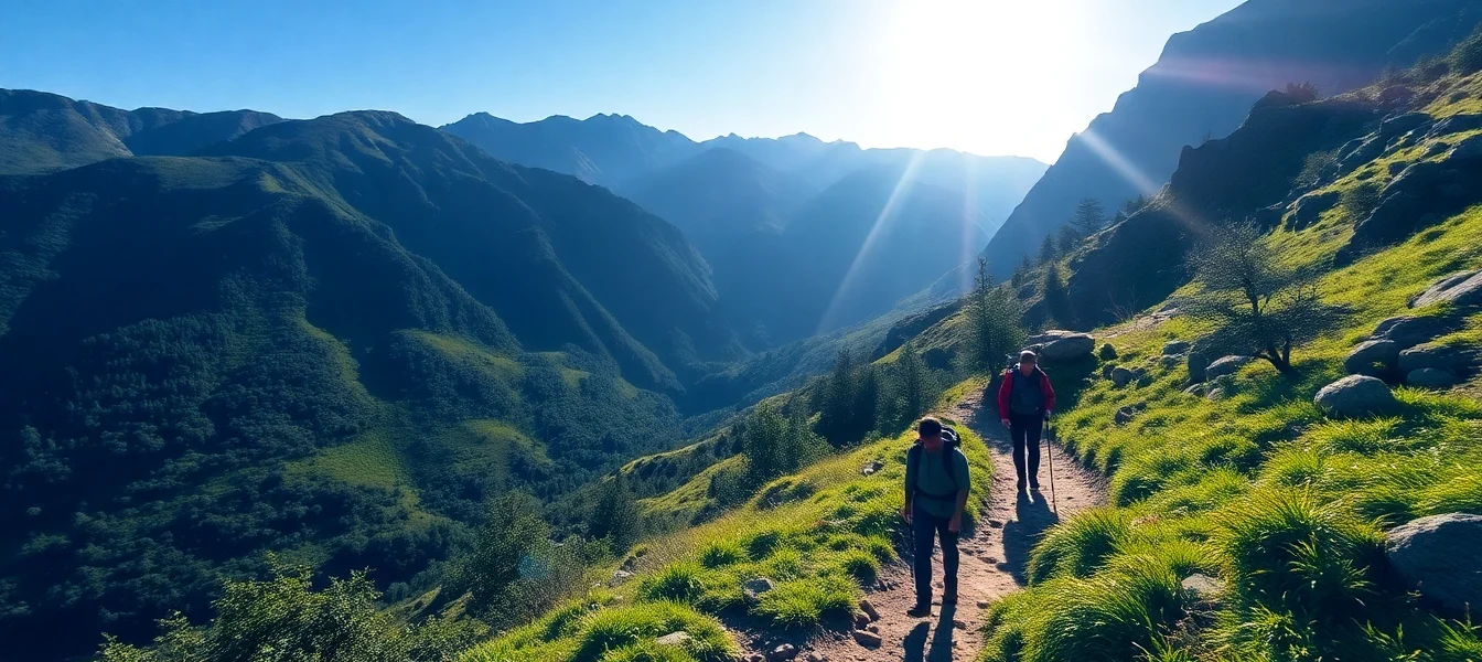 Hiking trail in lush nature with hikers, showcasing outdoor adventure and scenic beauty, inviting exploration.