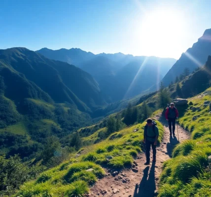 Hiking trail in lush nature with hikers, showcasing outdoor adventure and scenic beauty, inviting exploration.
