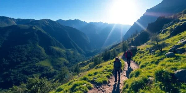 Hiking trail in lush nature with hikers, showcasing outdoor adventure and scenic beauty, inviting exploration.