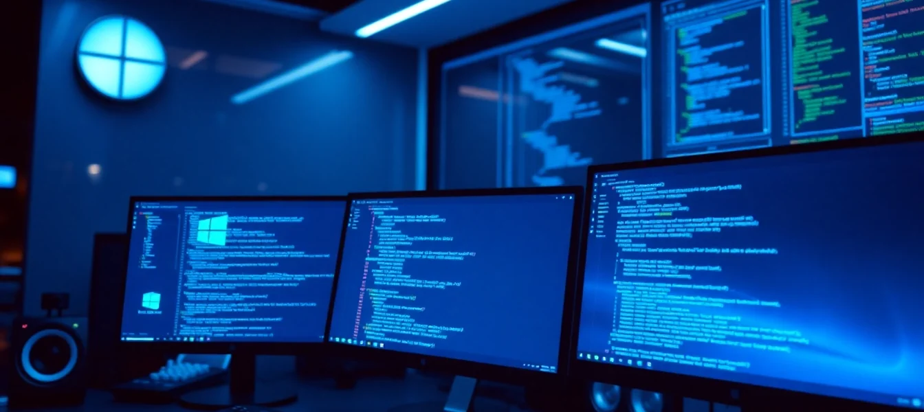 An illustrative scene depicting Windows application development using https://32win.cheap with coding on monitors and software tools, emphasizing technical precision.