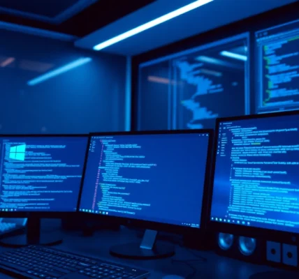 An illustrative scene depicting Windows application development using https://32win.cheap with coding on monitors and software tools, emphasizing technical precision.