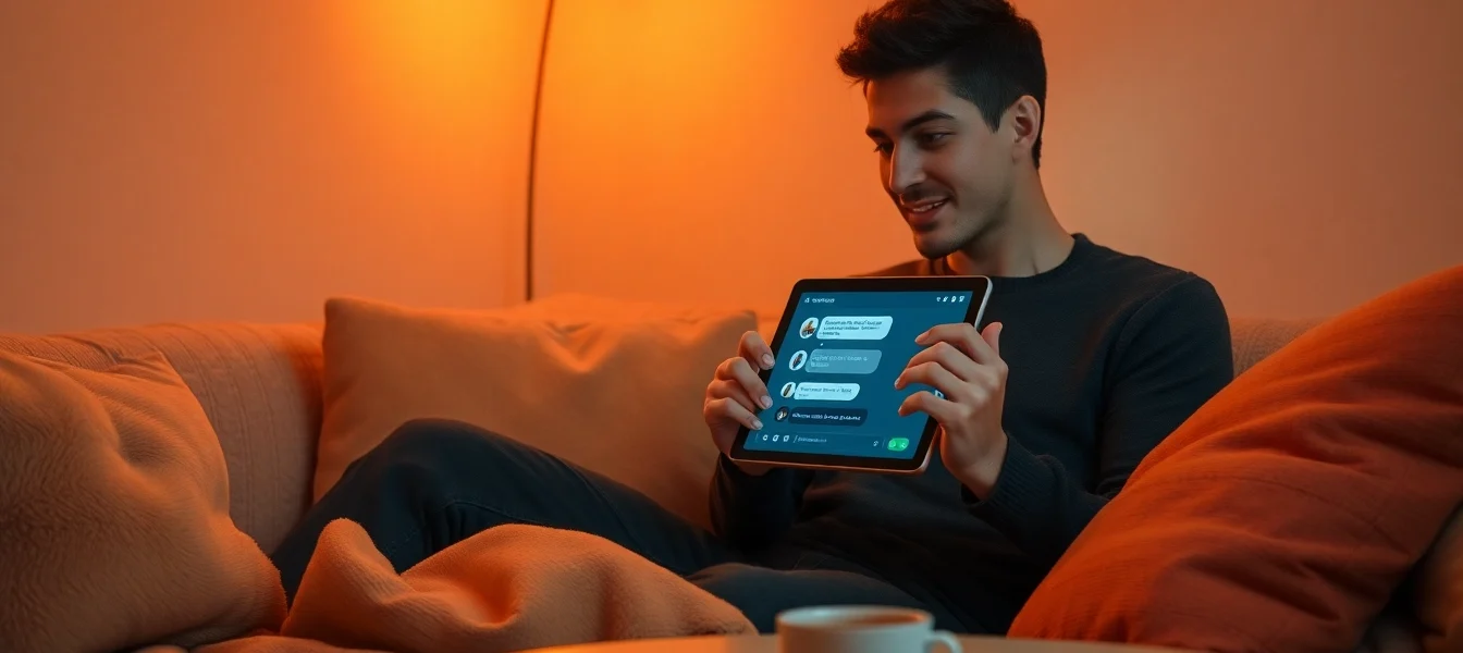 A person chatting with an AI chatbot in a cozy room.