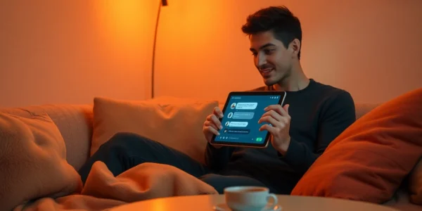 A person chatting with an AI chatbot in a cozy room.