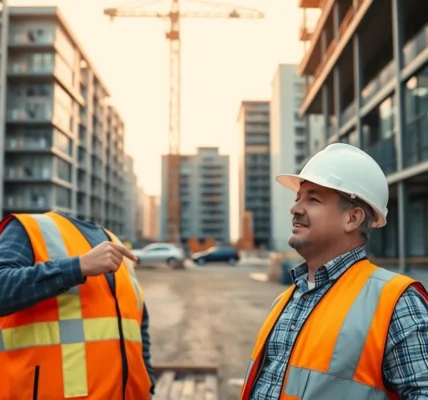 Skilled contractor reviewing construction plans on-site, ensuring quality and safety standards.