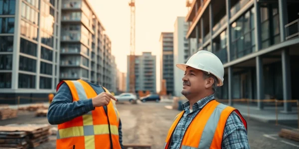 Skilled contractor reviewing construction plans on-site, ensuring quality and safety standards.