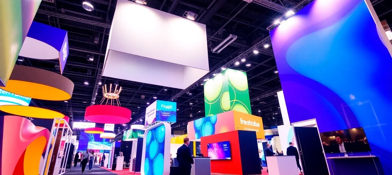 Trade show displays showcasing customizable booths, backdrops, and signage designed to attract visitors at exhibitions and conferences.