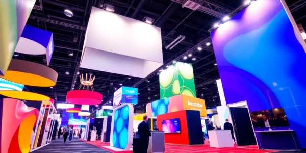 Trade show displays showcasing customizable booths, backdrops, and signage designed to attract visitors at exhibitions and conferences.