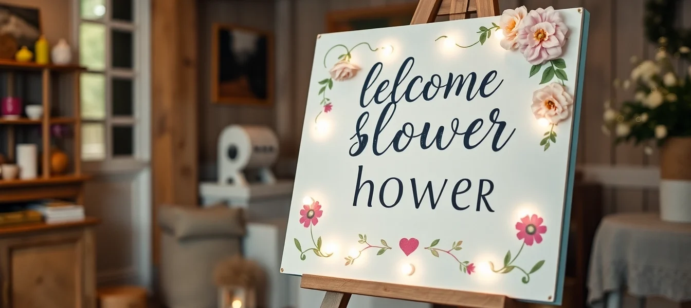 Beautiful baby shower welcome sign featuring soft pastel colors and floral accents, perfect for greeting guests warmly.