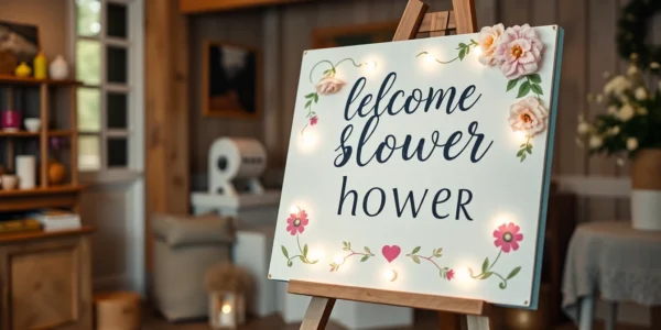 Beautiful baby shower welcome sign featuring soft pastel colors and floral accents, perfect for greeting guests warmly.