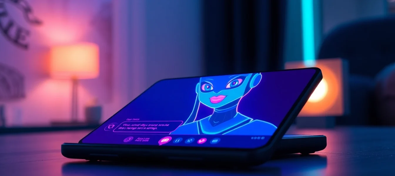 Close-up of a futuristic AI chat interface on a device screen with vibrant neon colors and a seductive AI character.