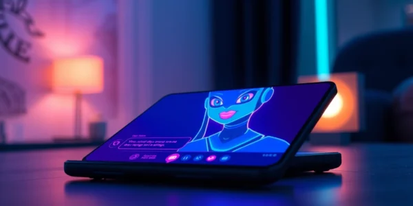 Close-up of a futuristic AI chat interface on a device screen with vibrant neon colors and a seductive AI character.