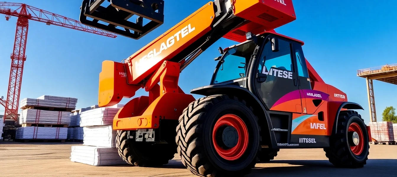 Efficient telehandler rental services showcasing a versatile telescopic handler lifting construction materials on a busy site, highlighting reliability and safety.