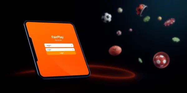 Fairplay login page on mobile device with vibrant orange and black theme, easy sign-in process, and engaging sports betting visuals, optimized for user access.
