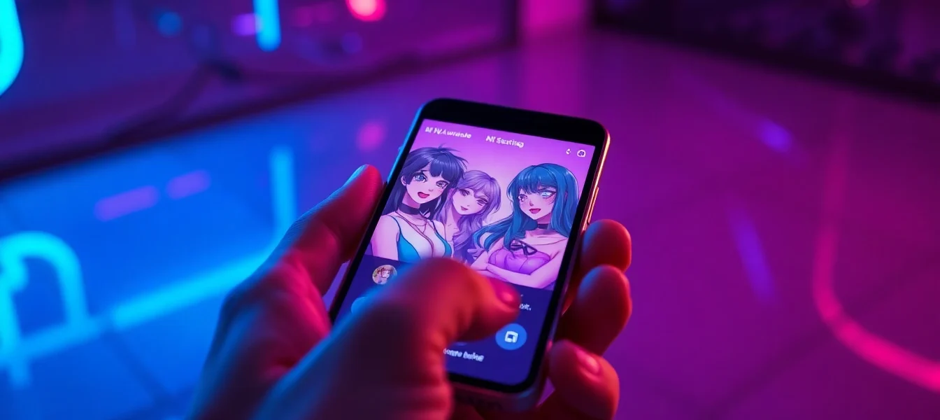 Close-up of a smartphone with an AI sexting app interface, neon-lit room background.