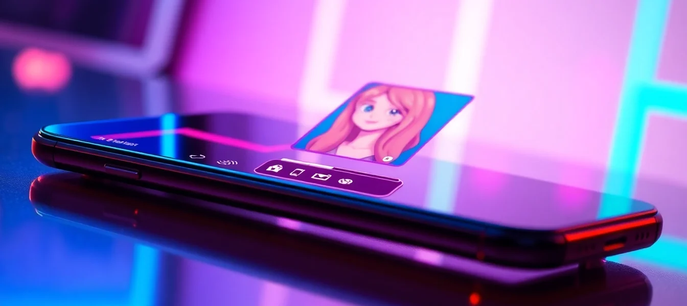 Futuristic digital illustration of an AI girlfriend chat interface on a device screen with vibrant neon colors and realistic character visuals.