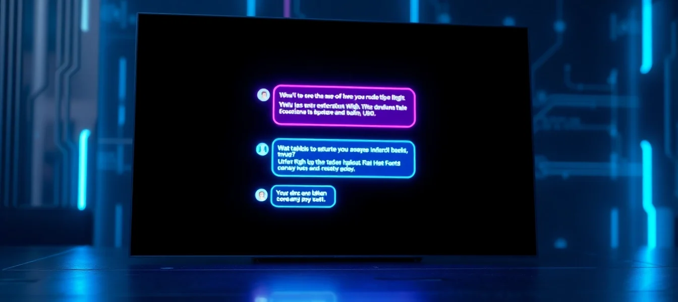 Futuristic AI chatbot interface with neon accents and digital conversation on a high-tech screen.