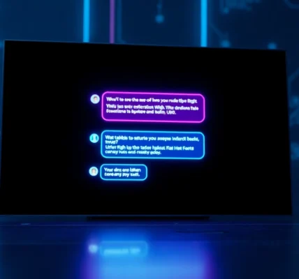 Futuristic AI chatbot interface with neon accents and digital conversation on a high-tech screen.