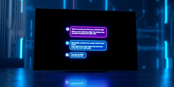 Futuristic AI chatbot interface with neon accents and digital conversation on a high-tech screen.