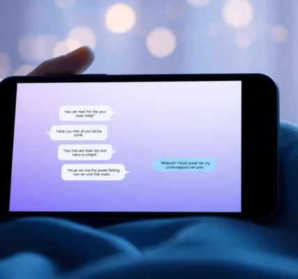 Close-up of a smartphone displaying a friendly AI chat conversation with a virtual girl, set against a glowing digital background.