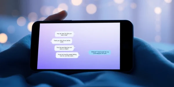Close-up of a smartphone displaying a friendly AI chat conversation with a virtual girl, set against a glowing digital background.