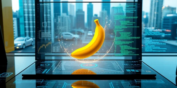 Futuristic AI interface showcasing a holographic banana with advanced editing tools and data streams