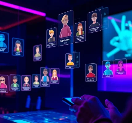 Futuristic digital interface showcasing customizable AI characters with neon accents and holographic profiles in a modern tech setting.