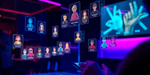 Futuristic digital interface showcasing customizable AI characters with neon accents and holographic profiles in a modern tech setting.