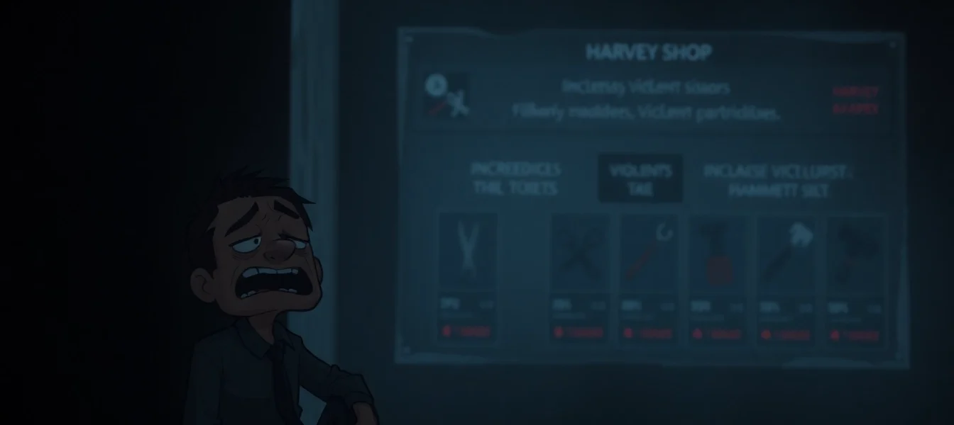 A distressed Harvey in a dark room with game shop tools in the background, capturing a moment of moral tension and suffering.