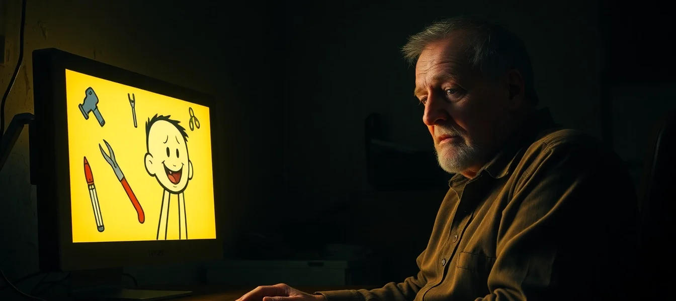 A distressed man in a dark room watching a disturbing game on his computer, with a deteriorating cartoon character on screen surrounded by violent tools.