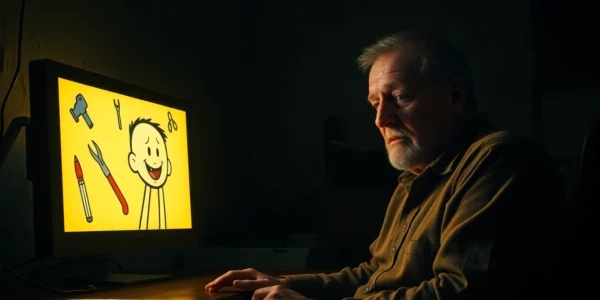 A distressed man in a dark room watching a disturbing game on his computer, with a deteriorating cartoon character on screen surrounded by violent tools.