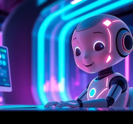 An AI character with a friendly face interacting with holographic chat interfaces in a high-tech environment.