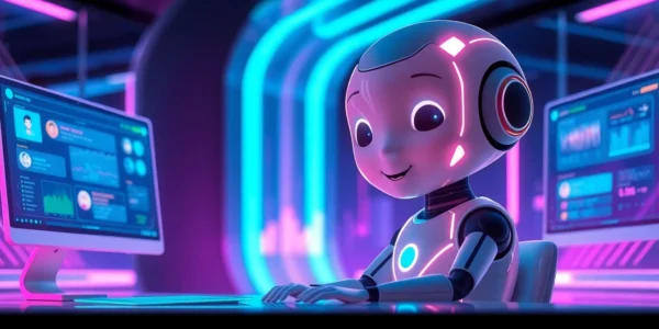 An AI character with a friendly face interacting with holographic chat interfaces in a high-tech environment.