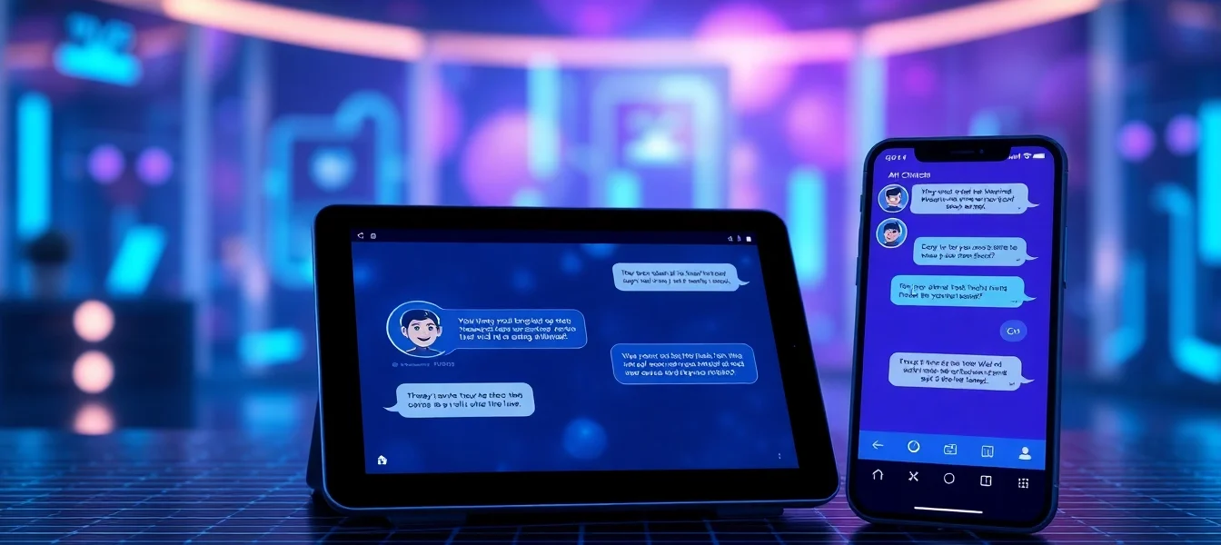 Futuristic digital devices displaying AI chat conversations with vibrant, glowing interface elements.