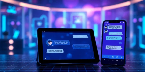 Futuristic digital devices displaying AI chat conversations with vibrant, glowing interface elements.