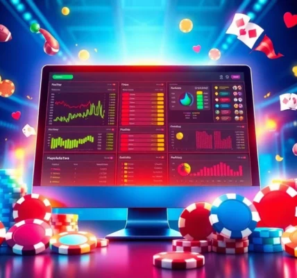 Illustration of an online sportsbook and casino platform with betting interfaces, chips, and sports icons.