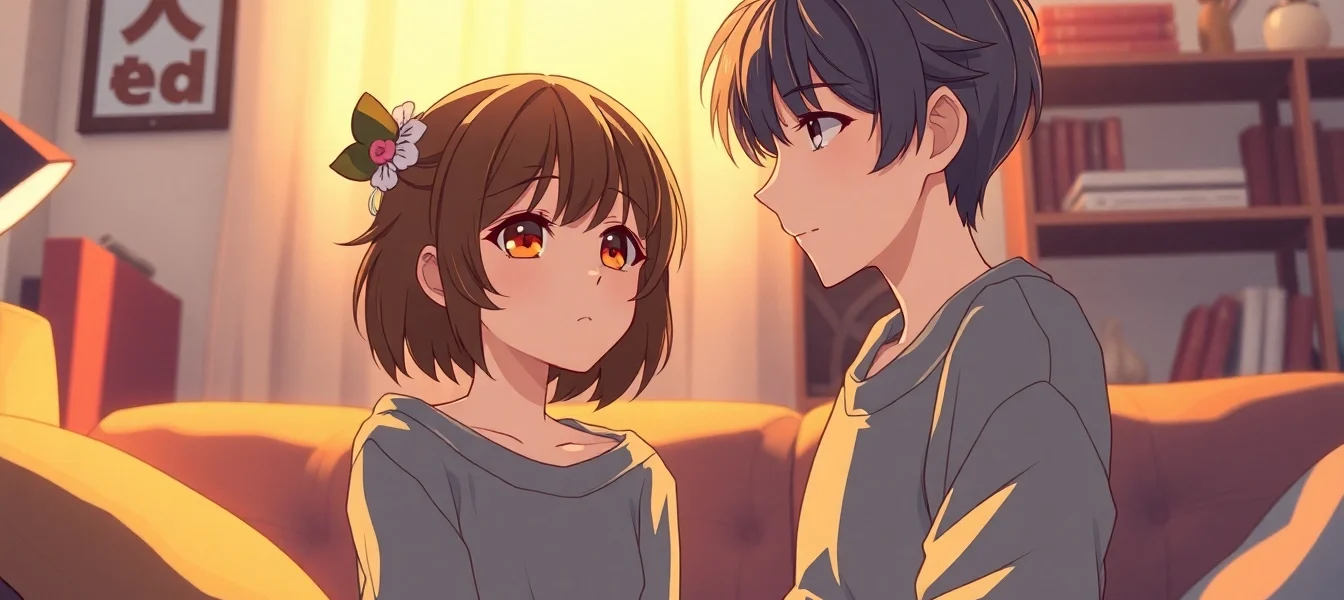 An anime-style illustration of two characters in a cozy room, engaging in a close and intimate conversation under warm lighting, emphasizing connection and comfort.
