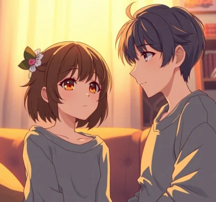 An anime-style illustration of two characters in a cozy room, engaging in a close and intimate conversation under warm lighting, emphasizing connection and comfort.