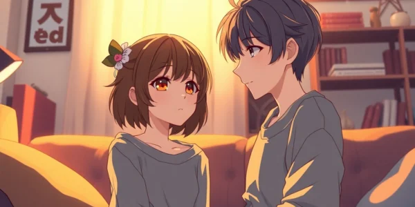An anime-style illustration of two characters in a cozy room, engaging in a close and intimate conversation under warm lighting, emphasizing connection and comfort.