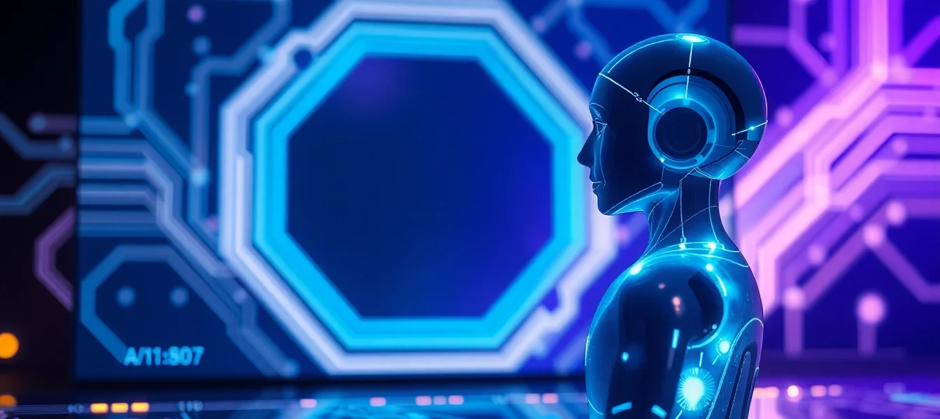 Futuristic AI chatbot interface with holographic avatar in a neon-lit digital environment.