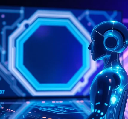 Futuristic AI chatbot interface with holographic avatar in a neon-lit digital environment.