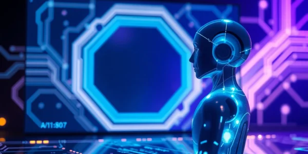Futuristic AI chatbot interface with holographic avatar in a neon-lit digital environment.