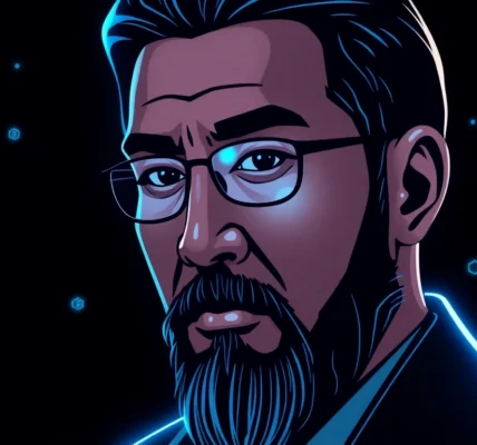 Satoshi Nakamoto’s enigmatic figure surrounded by blockchain symbols, symbolizing his influence in cryptocurrency development, in a sleek digital art style.