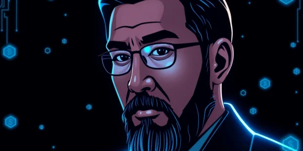 Satoshi Nakamoto’s enigmatic figure surrounded by blockchain symbols, symbolizing his influence in cryptocurrency development, in a sleek digital art style.
