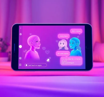 Futuristic digital illustration of AI characters on a smartphone screen in a cozy room