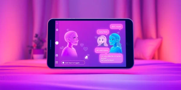 Futuristic digital illustration of AI characters on a smartphone screen in a cozy room
