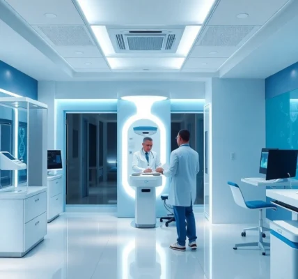Professional doctor explaining fecondazione eterologa to a patient in a modern clinic setting,