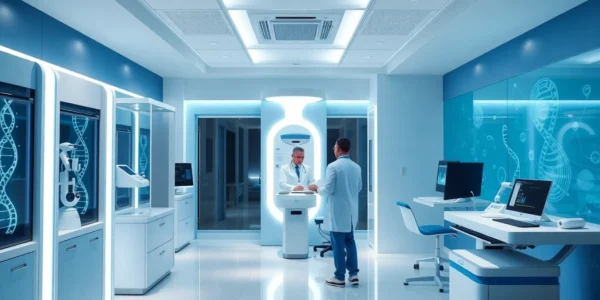 Professional doctor explaining fecondazione eterologa to a patient in a modern clinic setting,