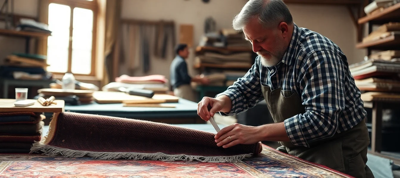 Professional team performing Restauro Tappeti milano on a vintage Persian rug in a bright
